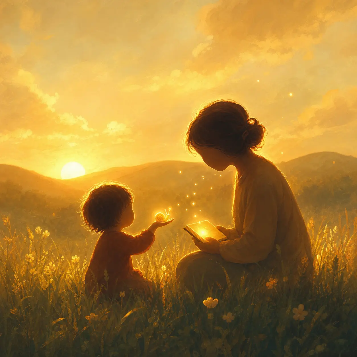 A parent kneeling beside a child at golden hour, catching a small wonder