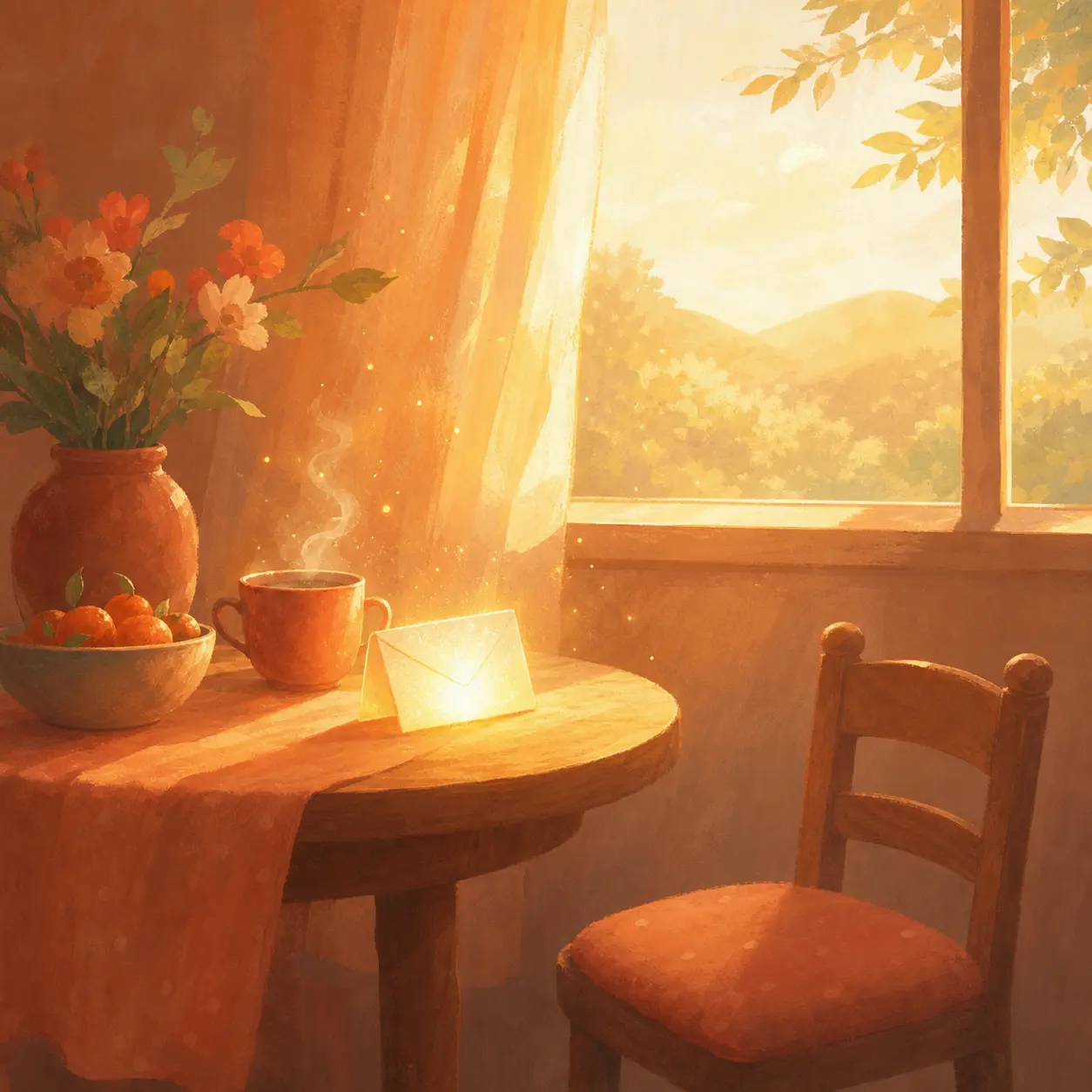 A glowing letter waiting on a breakfast table in soft morning light
