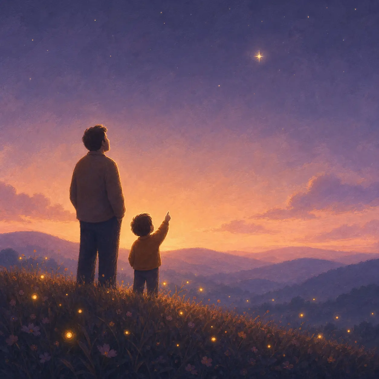 A father and a small child on a dusk hilltop, the child pointing at the first star